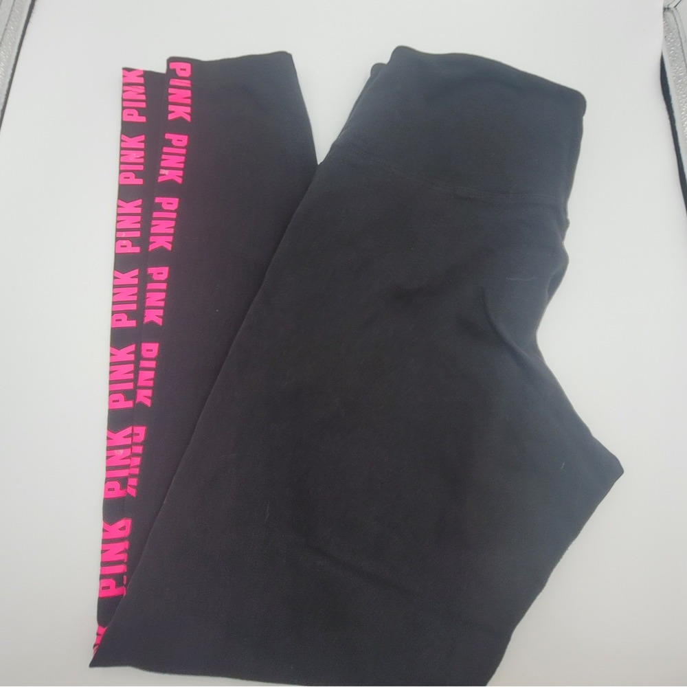 VS PINK Y2K Black Leggings High Waist Neon Pink Logo Tape Athleisure Womens XL